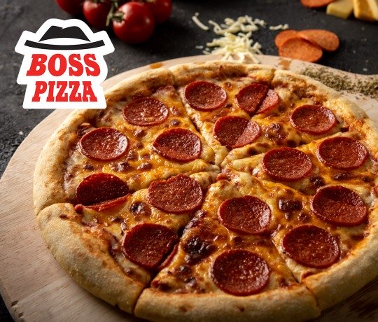 Boss Pizza Pepperoni Wooden chopping board with a pepperoni pizza on top with boss pizza logo on it